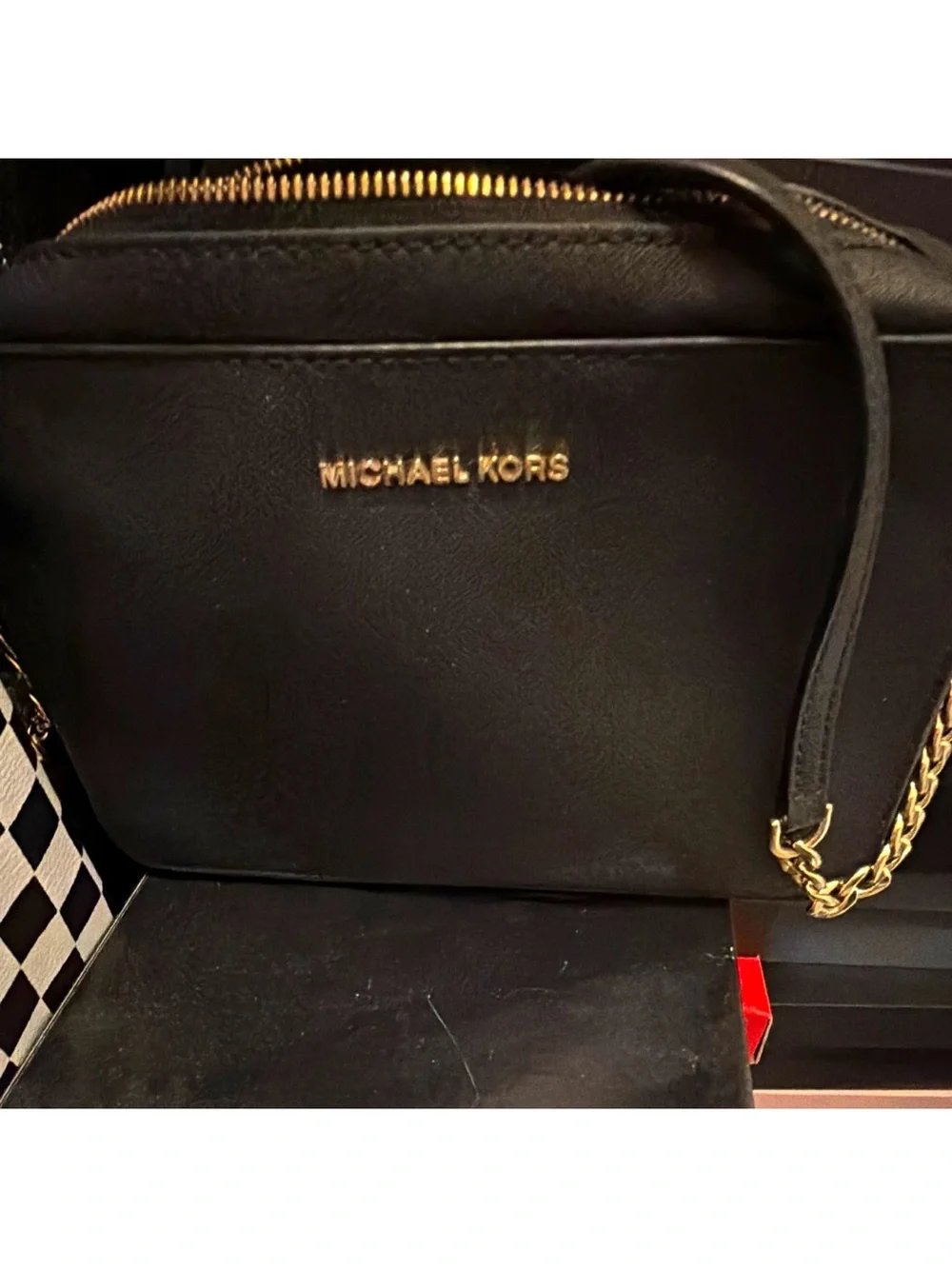 Michael Kors Black Leather Crossbody with Gold Chain Accent